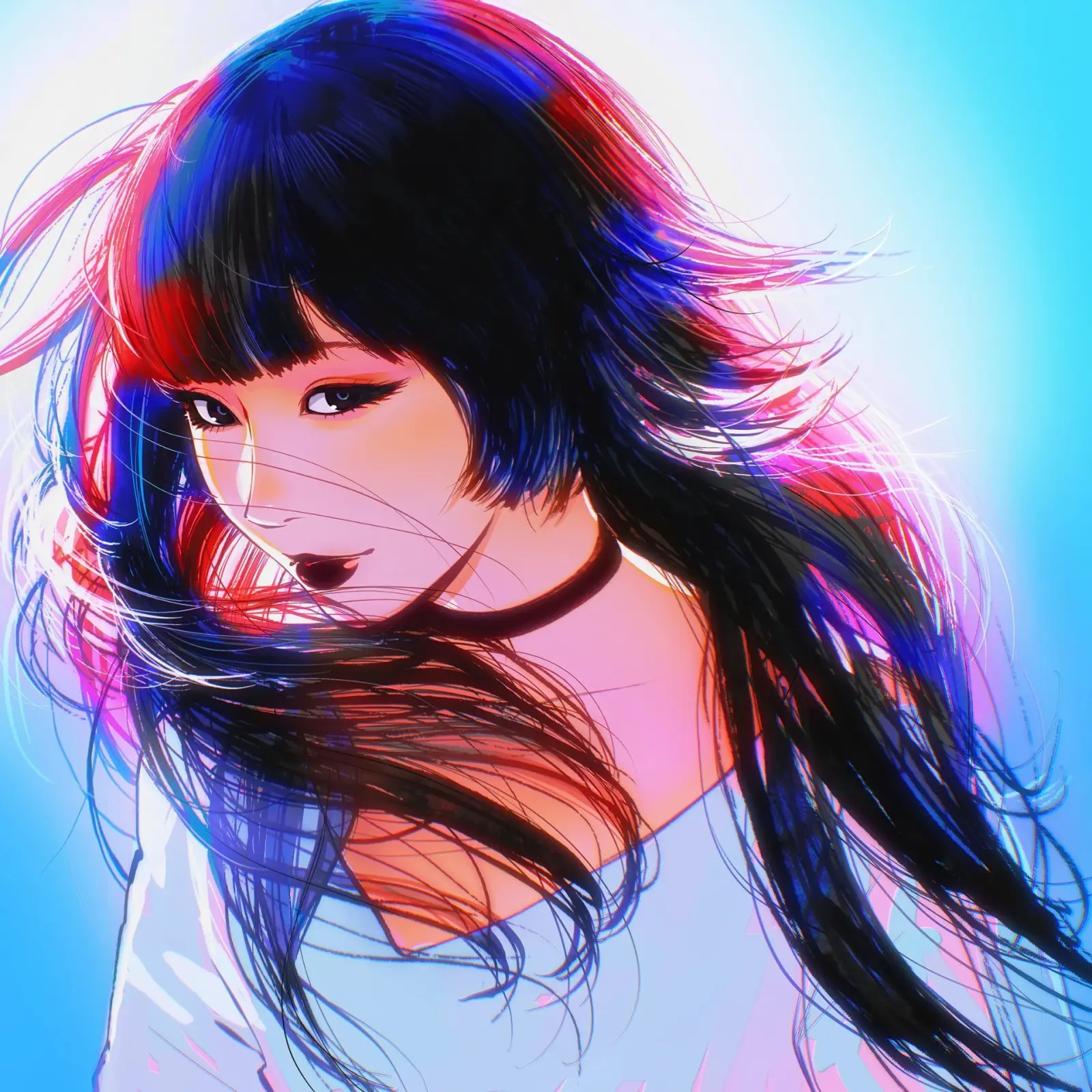 Retrato de una chica de pelo negro y corto con reflejos rojos y azules sobre fondo azul claro. Ilustración de Ilya Kuvshinov.