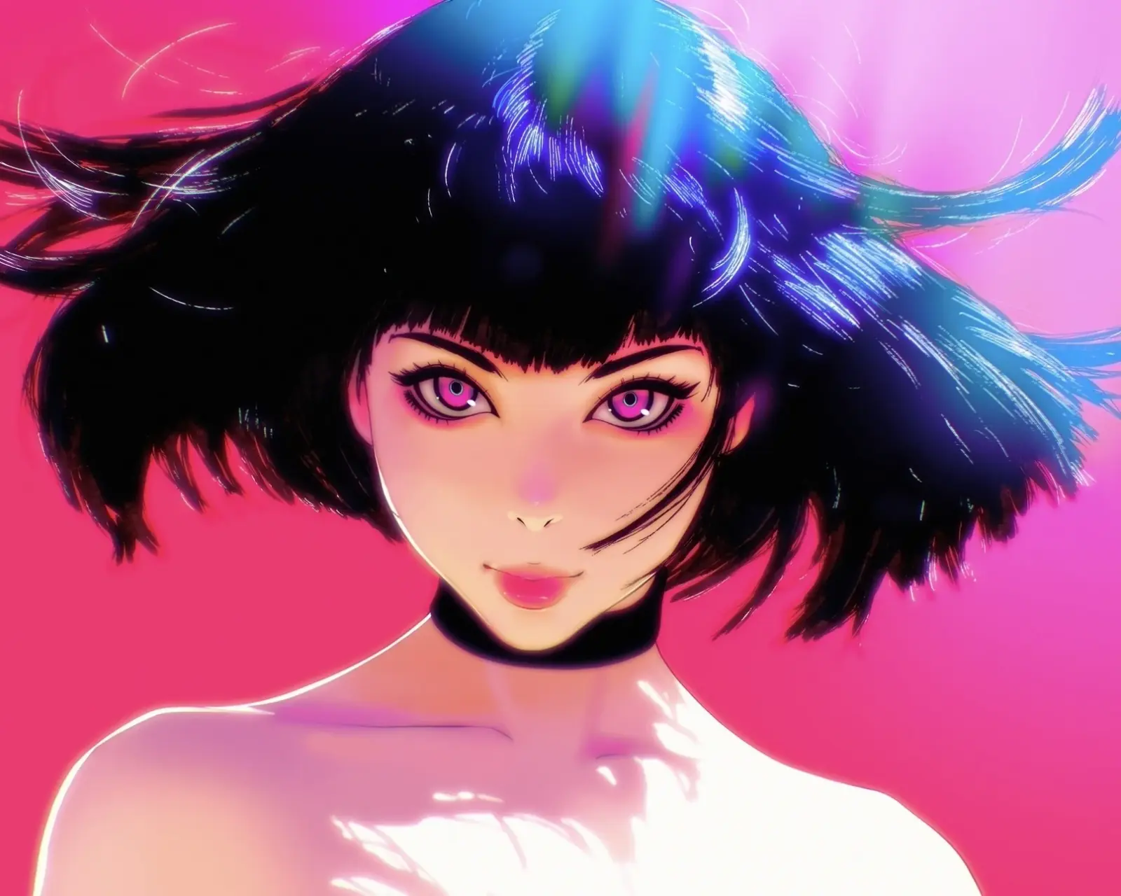 Retrato de una mujer de melena negra agitada por el viento, con gargantilla, sobre fondo rosa. Ilustración de Ilya Kuvshinov.
