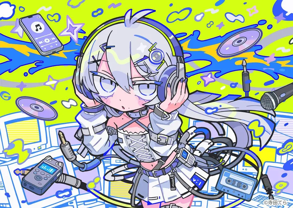 Chica de pelo blanco con cascos, rodeada de casetes, discos y cables sobre fondo lima. Ilustración de Terada Tera (trcoot).